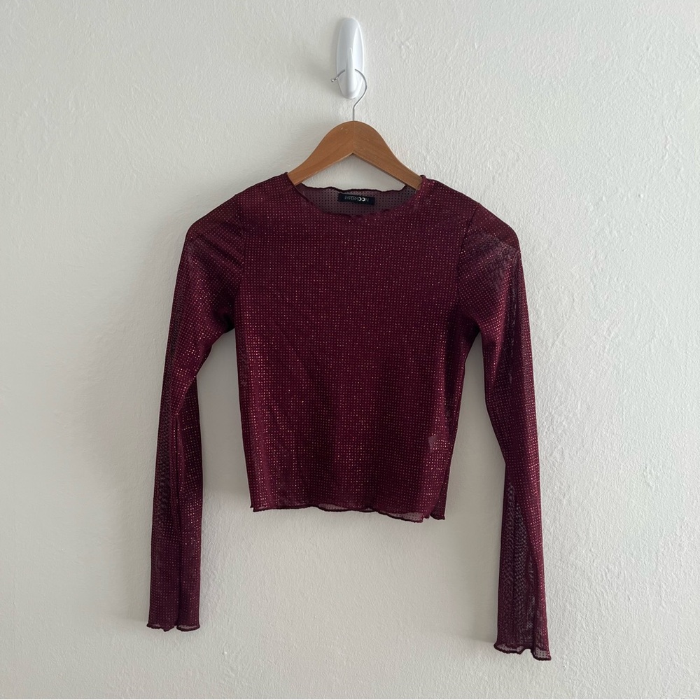 Sparkle Burgundy Long Sleeve Crop Top Mesh Y2K Festival Rave Fairy Whimsygoth